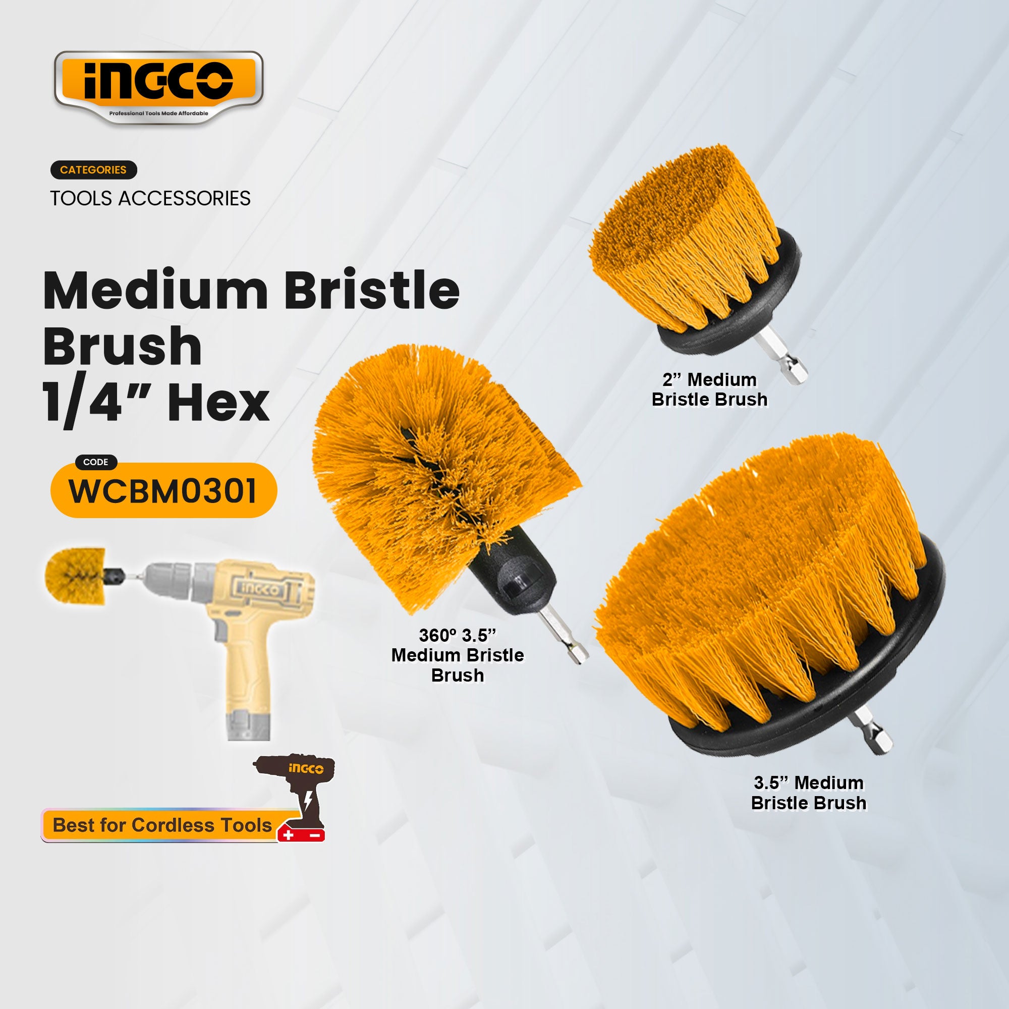 Ingco 3 Pcs Medium bristle brush set WCBM0301
