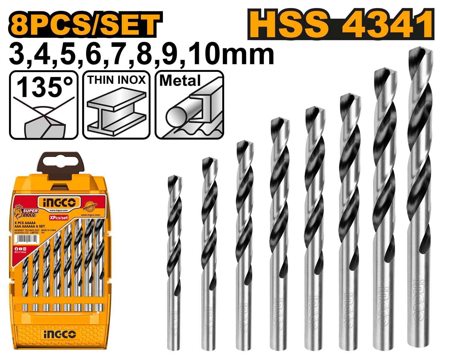 Ingco 8 Pcs HSS twist drill bits set AKDB1088