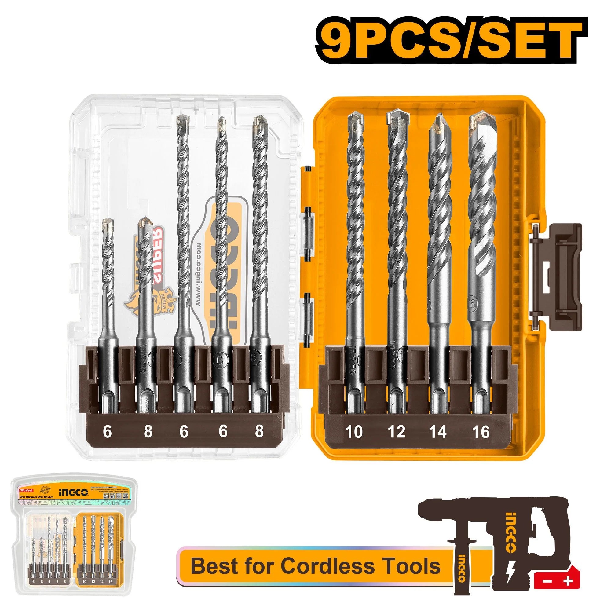 Ingco 9 Pcs SDS plus hammer drill bits set AKDL30906