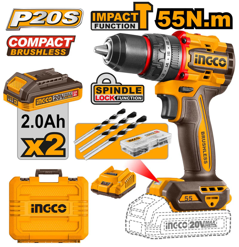 Ingco Compact Brushless Cordless Impact Drill 20v CIDLI20558