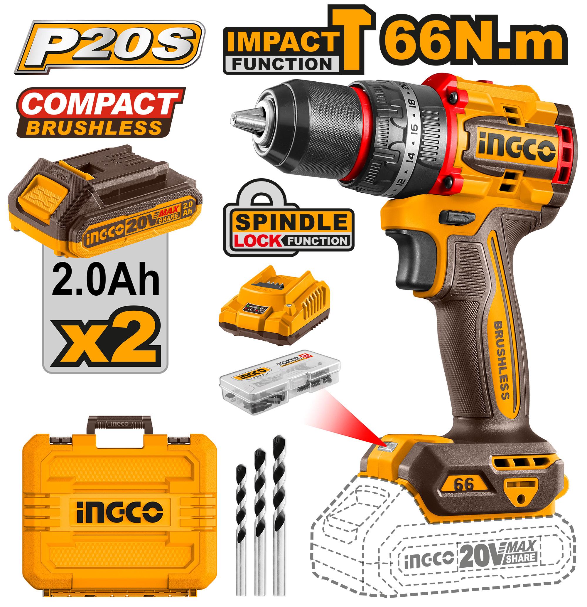 Ingco Compact Brushless Cordless Impact Drill 20v CIDLI20668