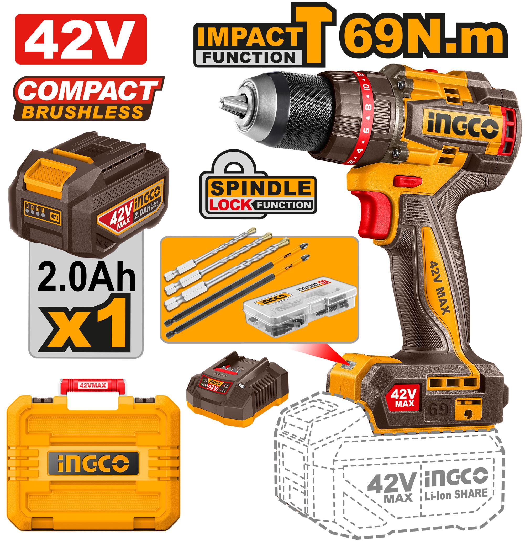 ingco Compact Brushless Cordless Impact Drill 42V CIDLI426981