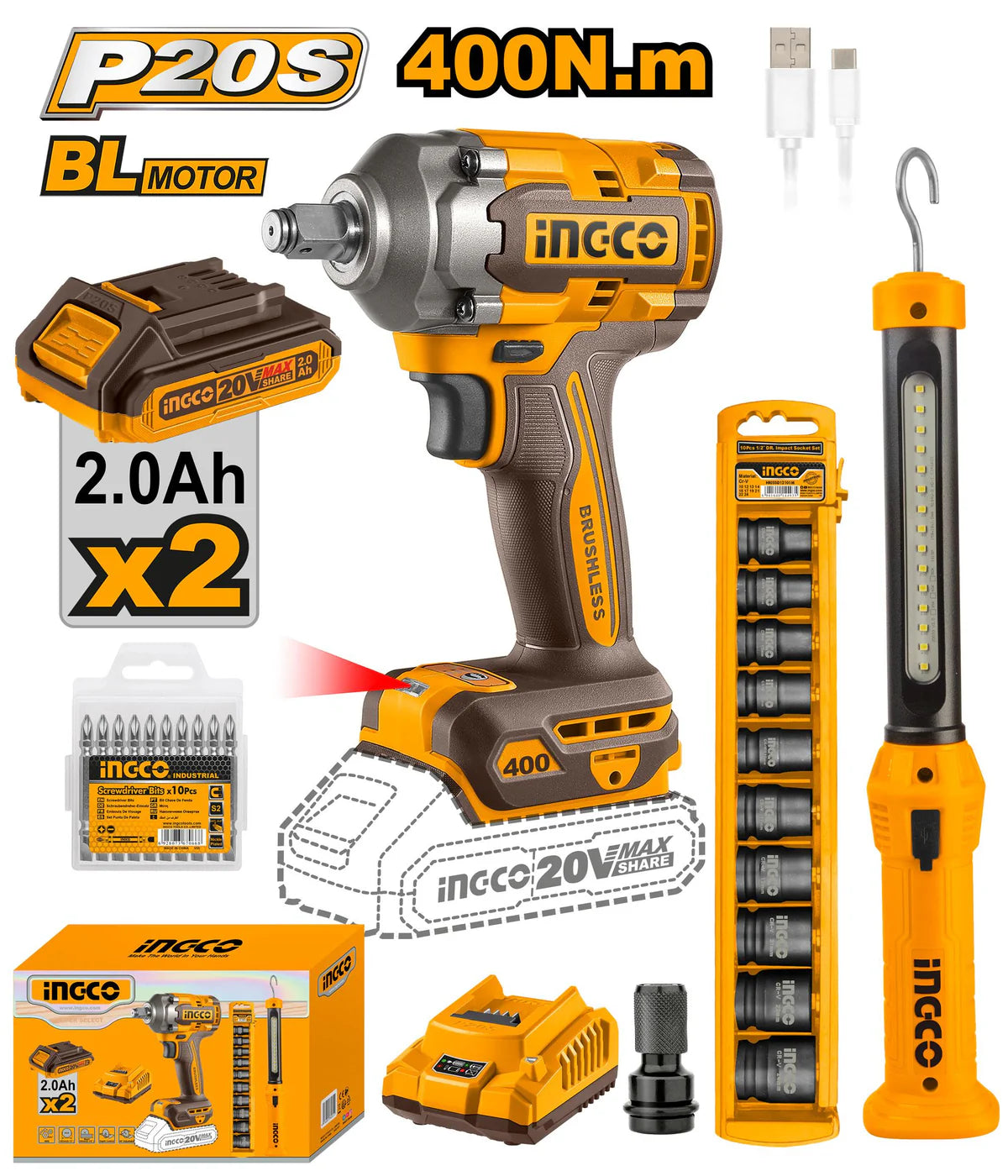 Ingco Cordless 2 pcs combo kit 20v COSLI23048