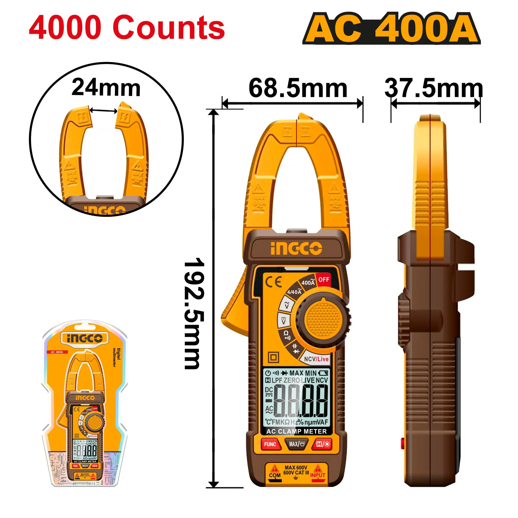 Ingco Digital AC clamp meter 4000 counts DCM62001