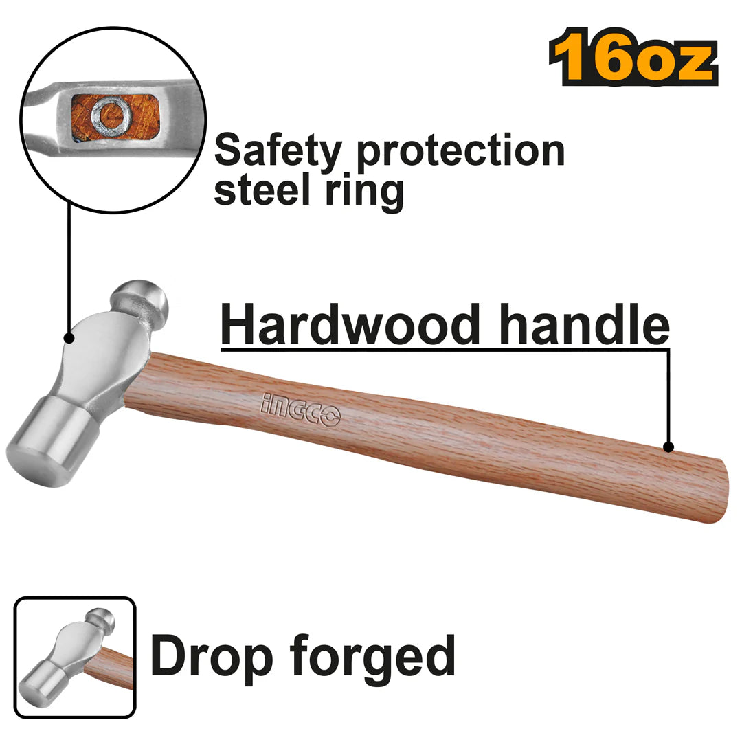 Ingco Ball pein hammer 450g hardwood handle HBPH04016