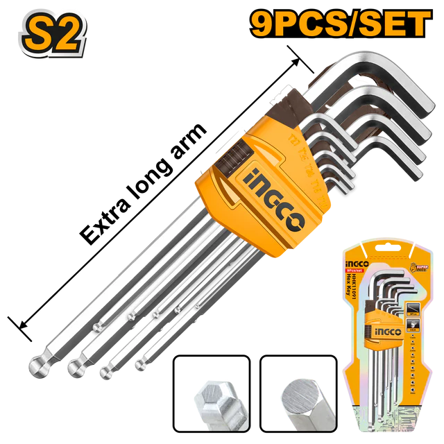Ingco Ball point hex key EXTRA LONG ARM 9PCS HHK12092