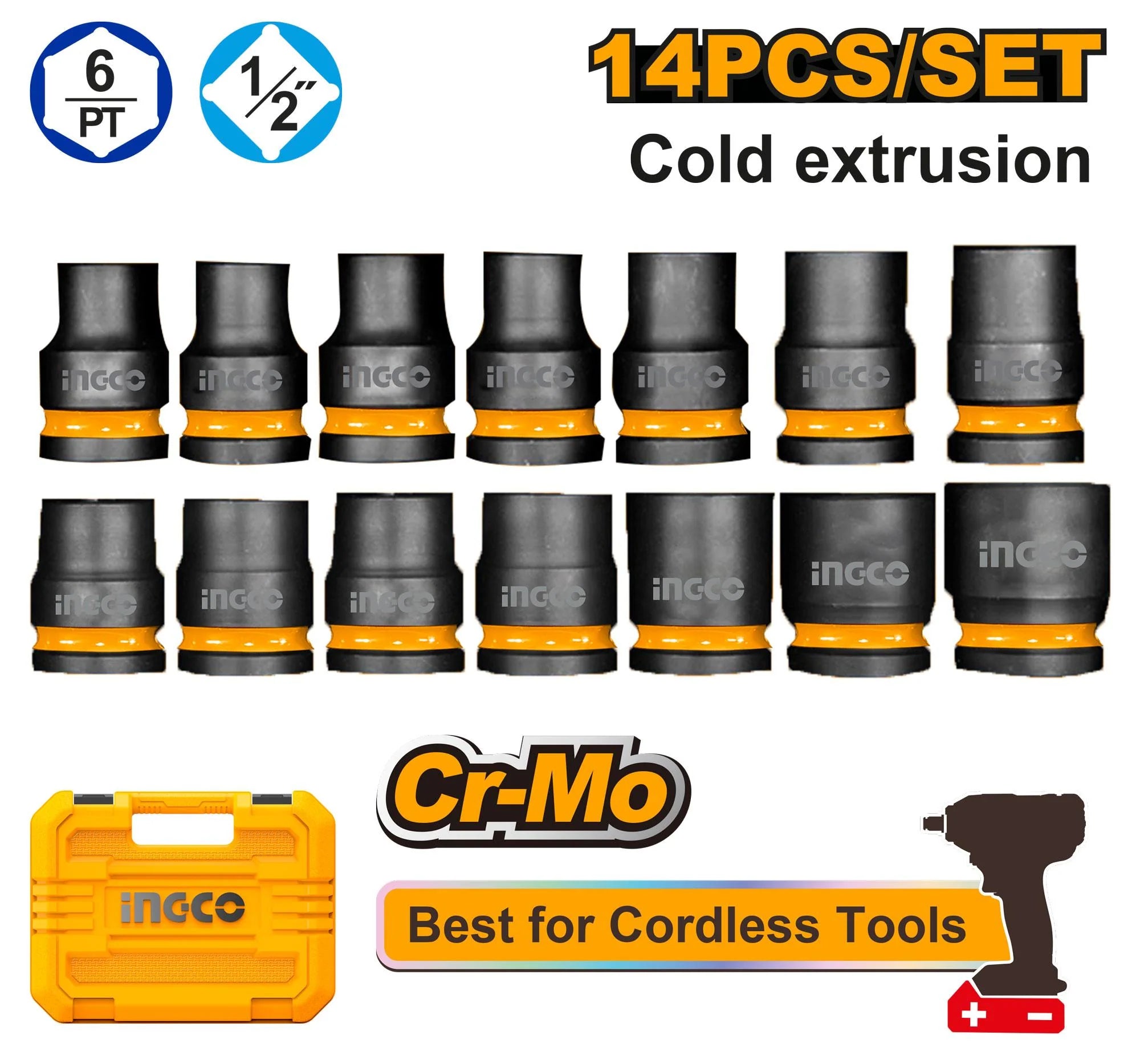 Ingco 14 Pcs 1/2"DR. Impact socket set HKISSD12141