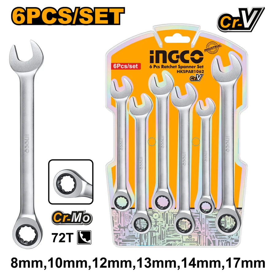 Ingco 6 Pcs ratchet spanner set HKSPAR1062