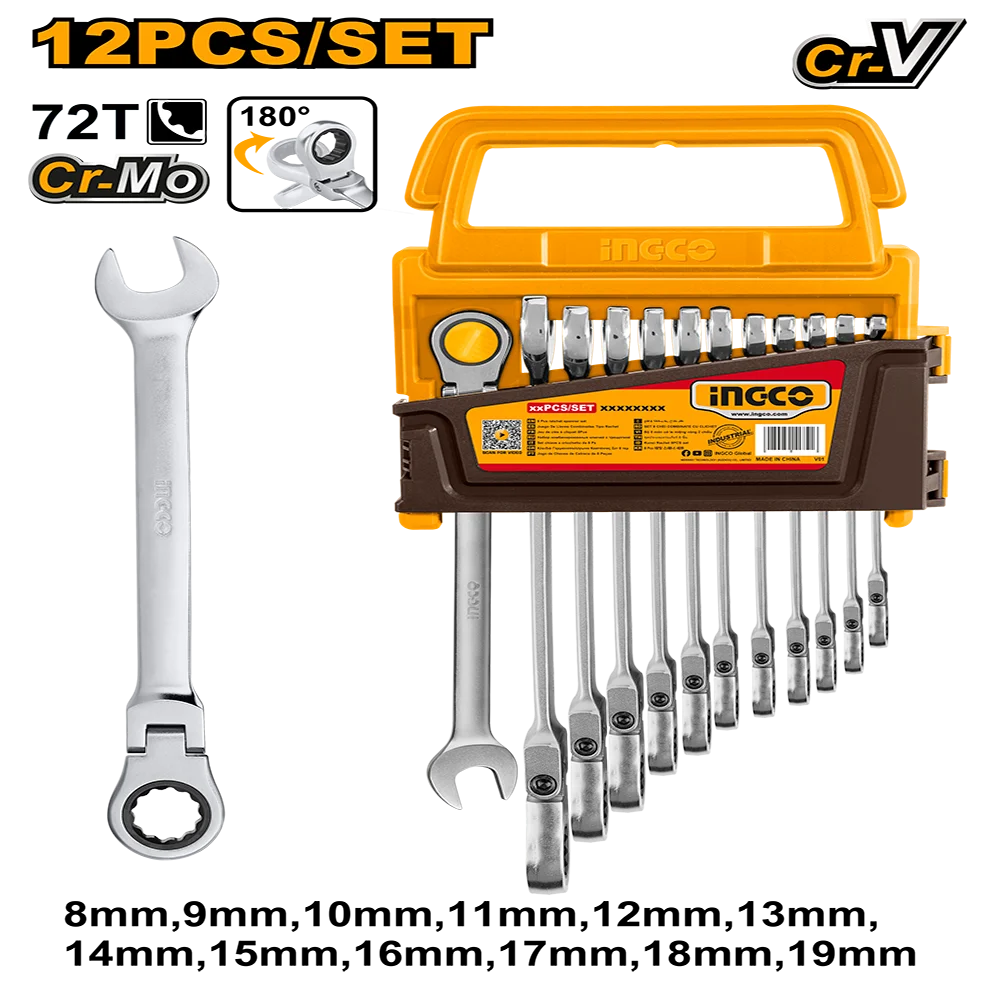 Ingco 12pcs Flexible Ratchet Spanner Set HKSPAR1123