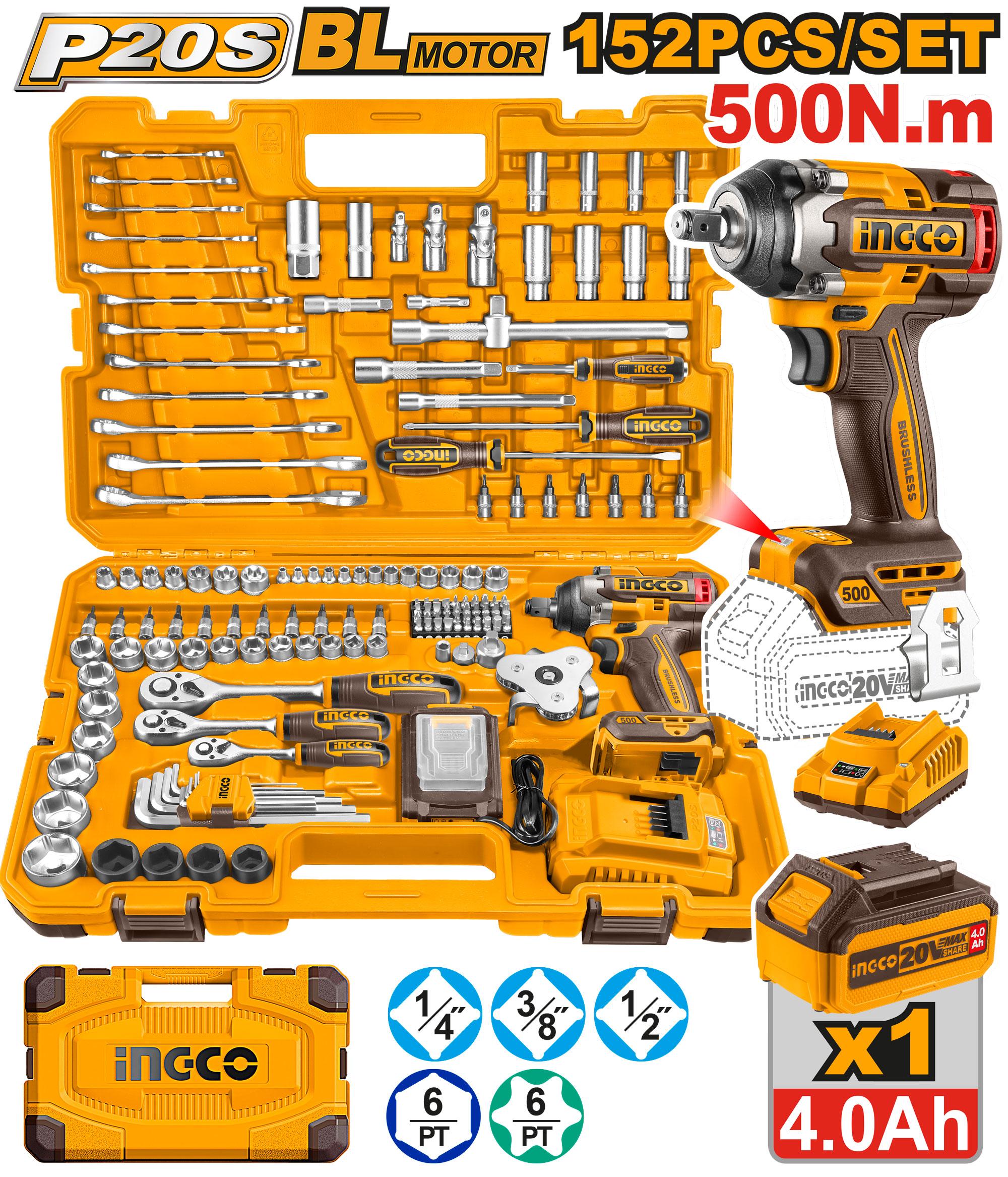 Ingco 152 Pcs Cordless impact wrench tools set 20v HKTHP31521