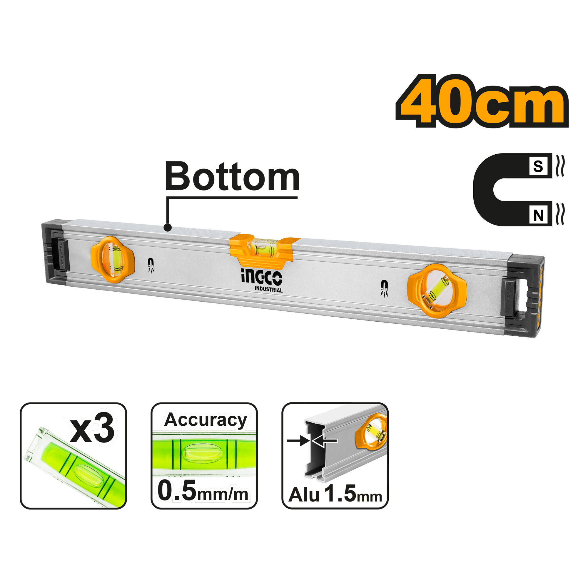 Ingco Spirit level with powerful magnets 40cm HSL38040M