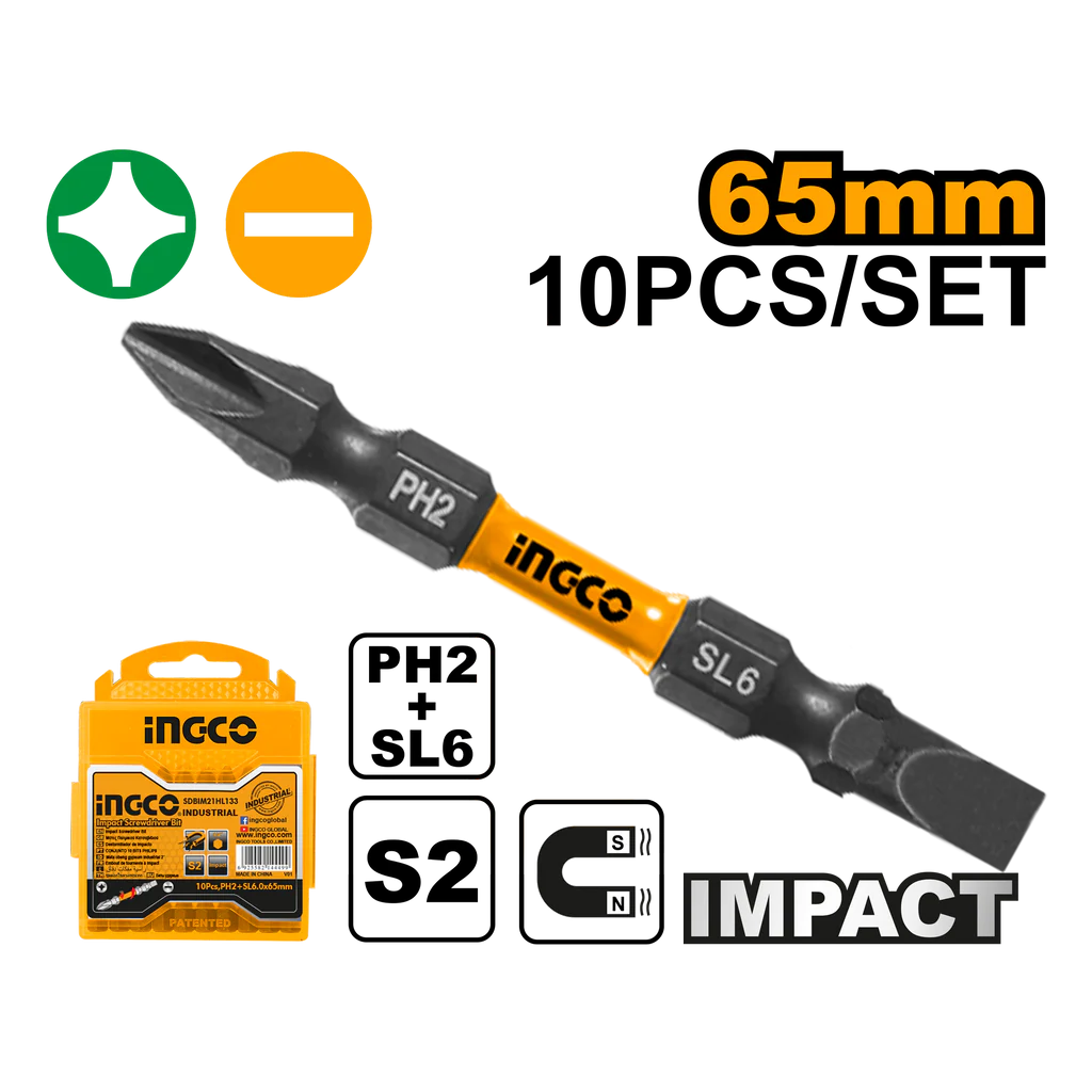 Ingco Impact screwdriver bits ph2+sl6*1 65mm 10 pcs SDBIM21HL133