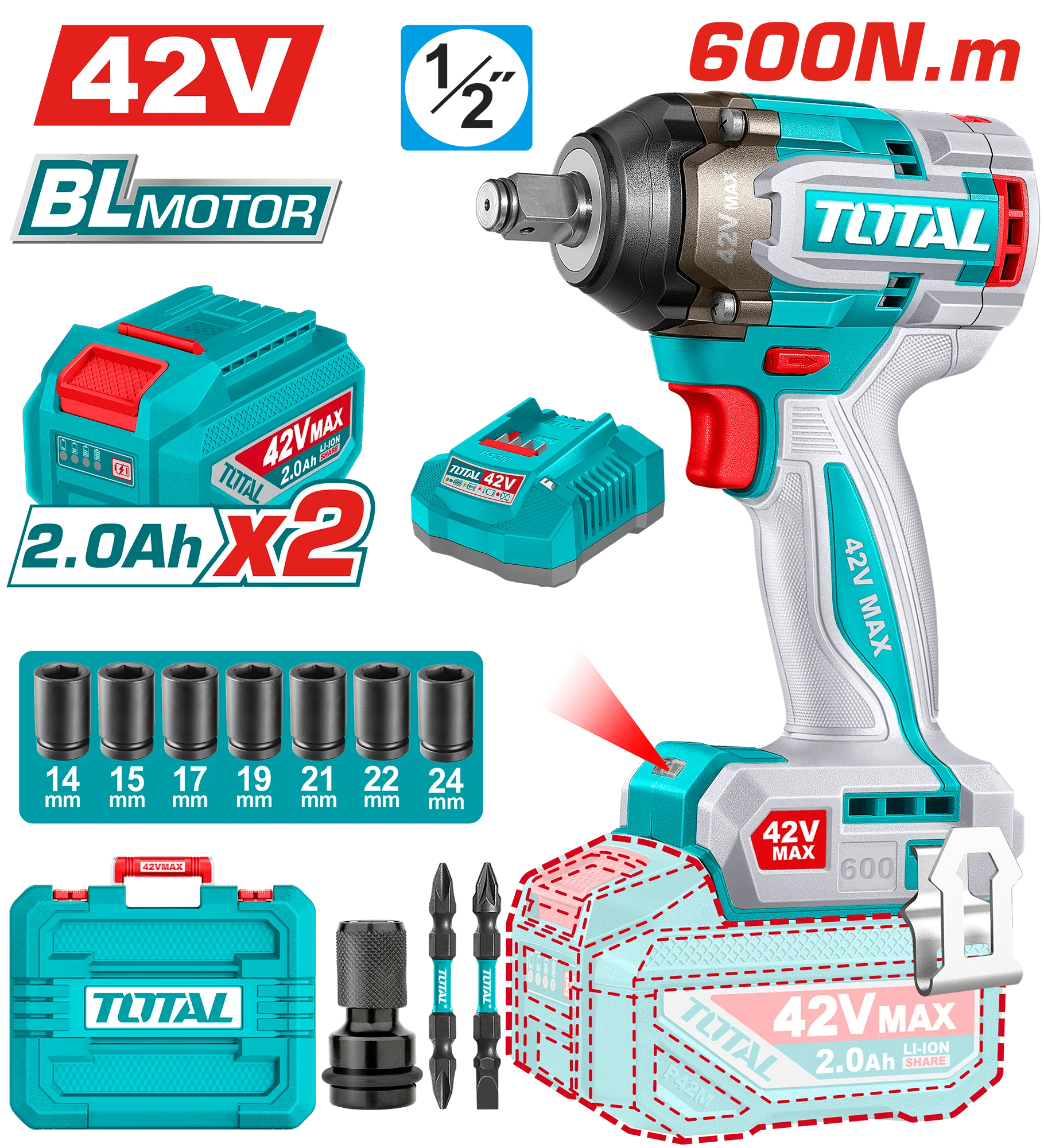 Total 42v Cordless impact wrench TIWLI42602