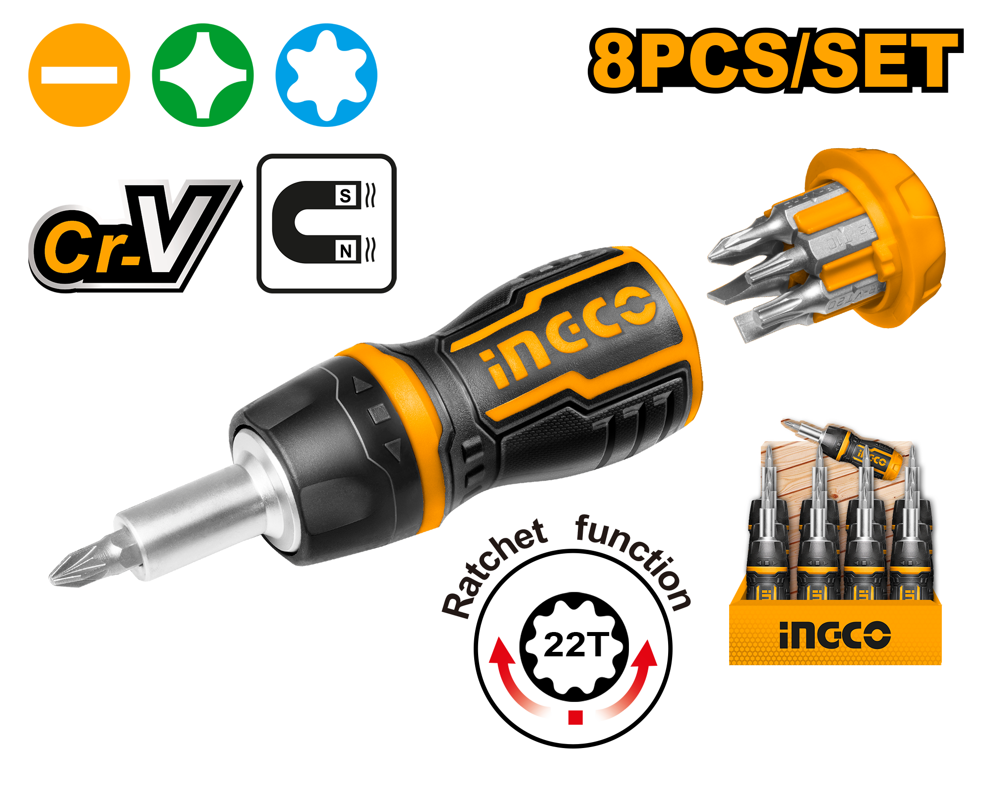 Ingco 8 in 1 stubby ratchet screwdriver set AKISDS1728