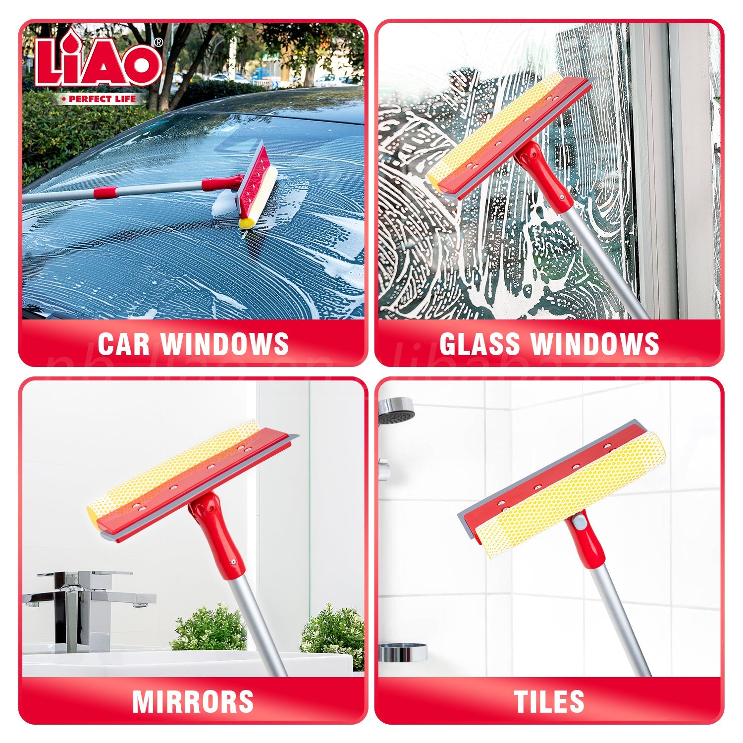 Telescopic 4.2ft Aluminium Pole Sponge + Squeegee Window Cleaner - LiAo