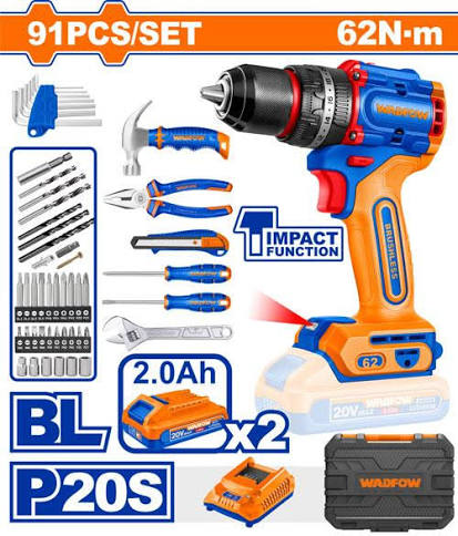 Wadfow 91 Pcs Tools Set with 20V Brushless Impact Drill WDT4B91