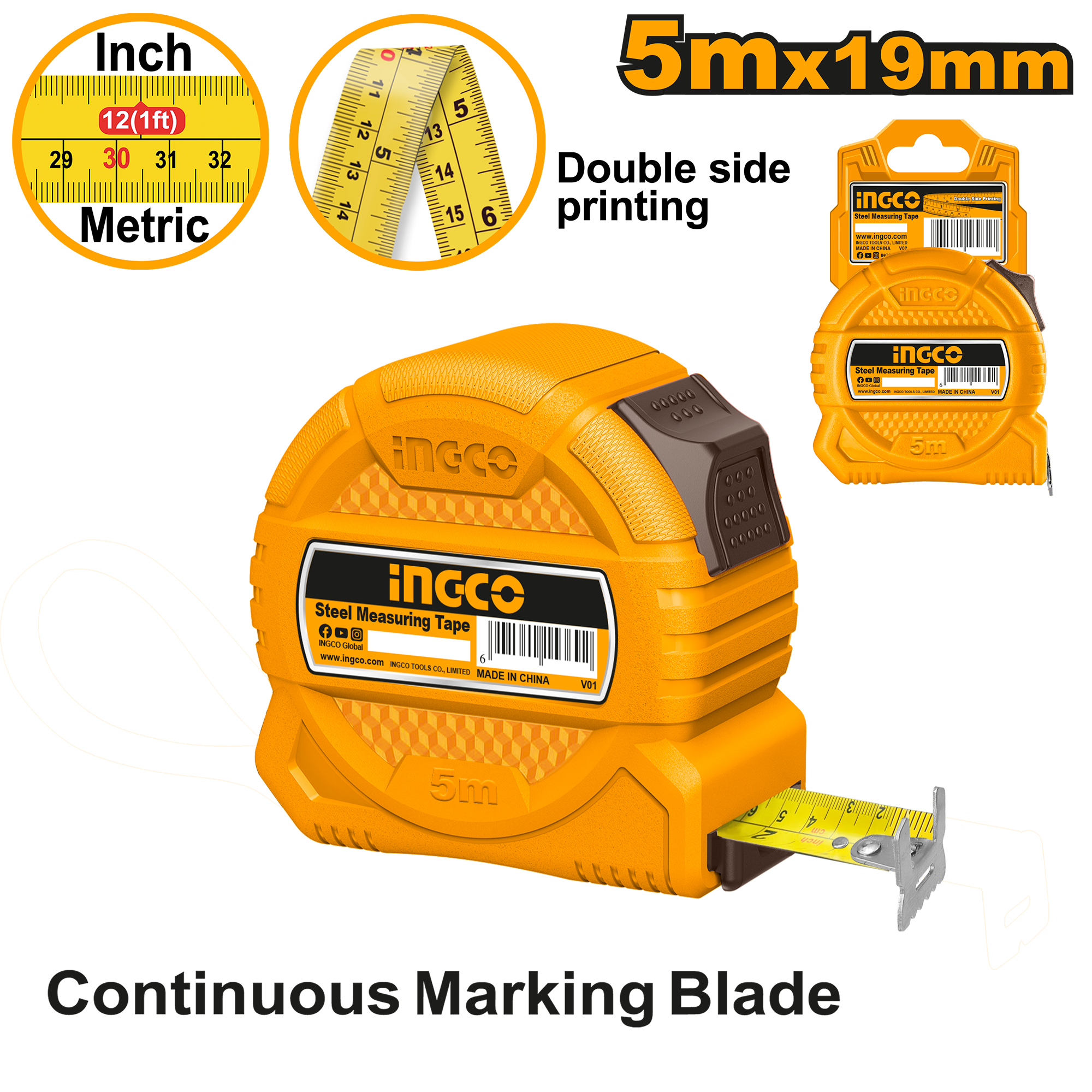 Ingco Steel measuring tape 5m*19mm HSMT39519