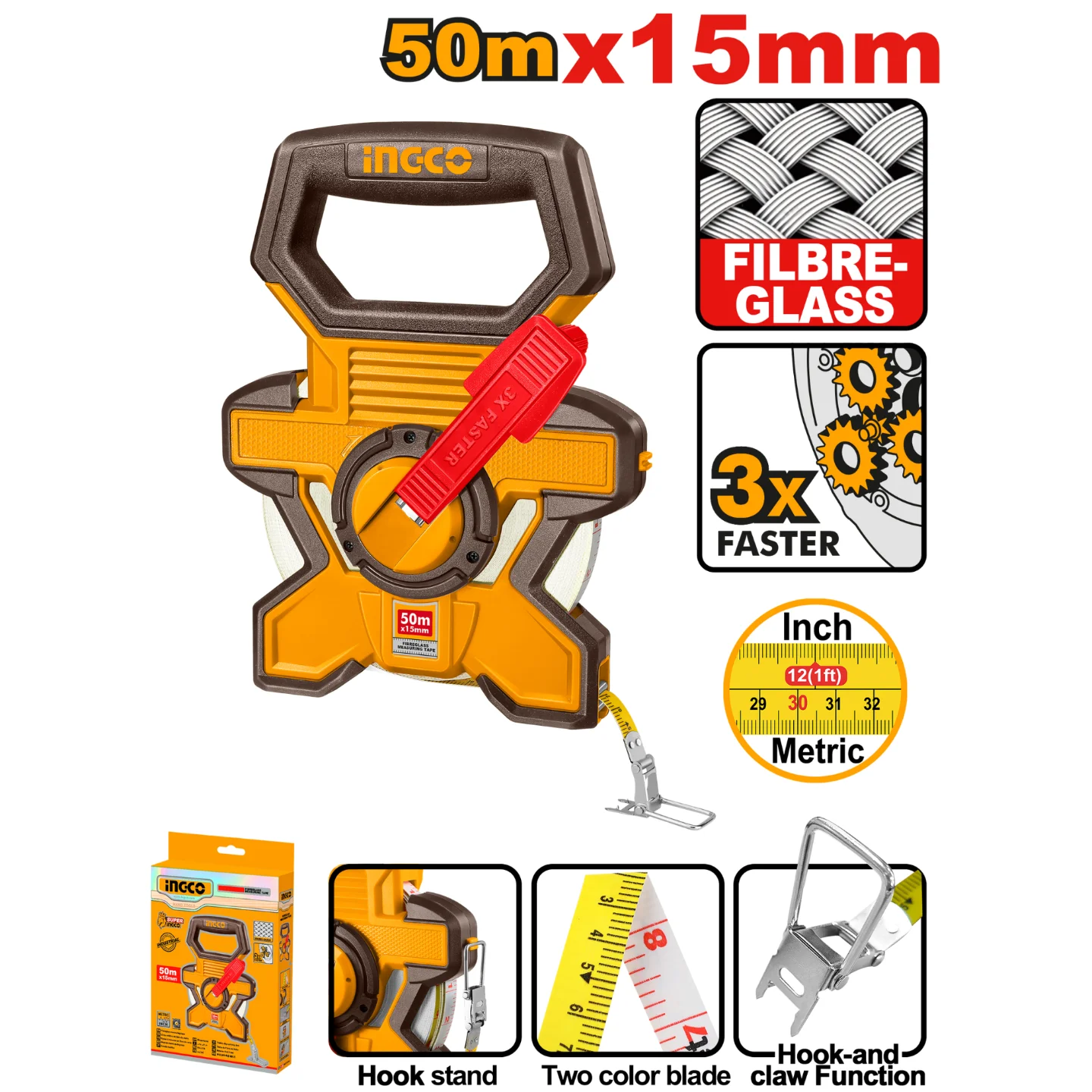 Ingco Fibreglass measuring tape 50*15mm HFMT1850