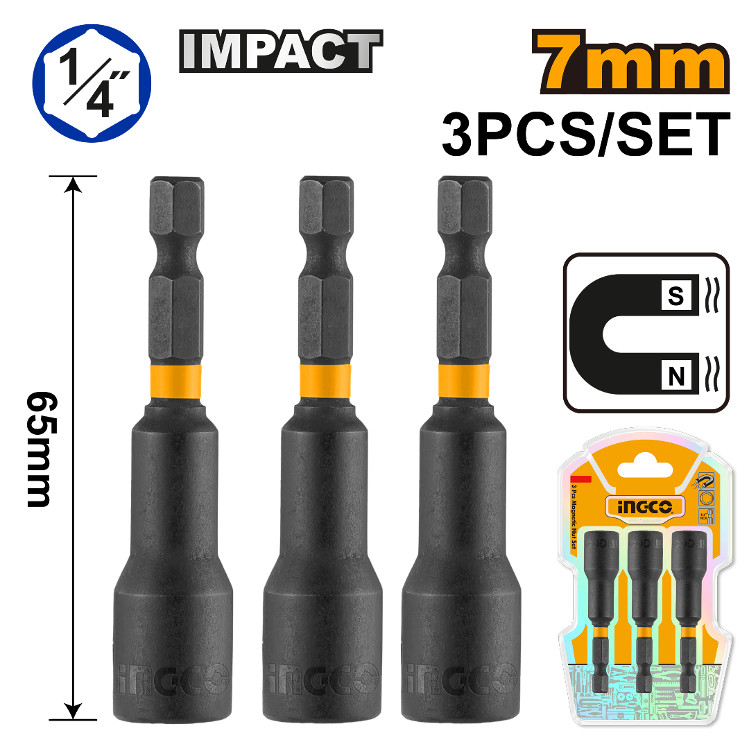 Ingco 3 Pcs impact magnetic nut set 7mmm AMN0731