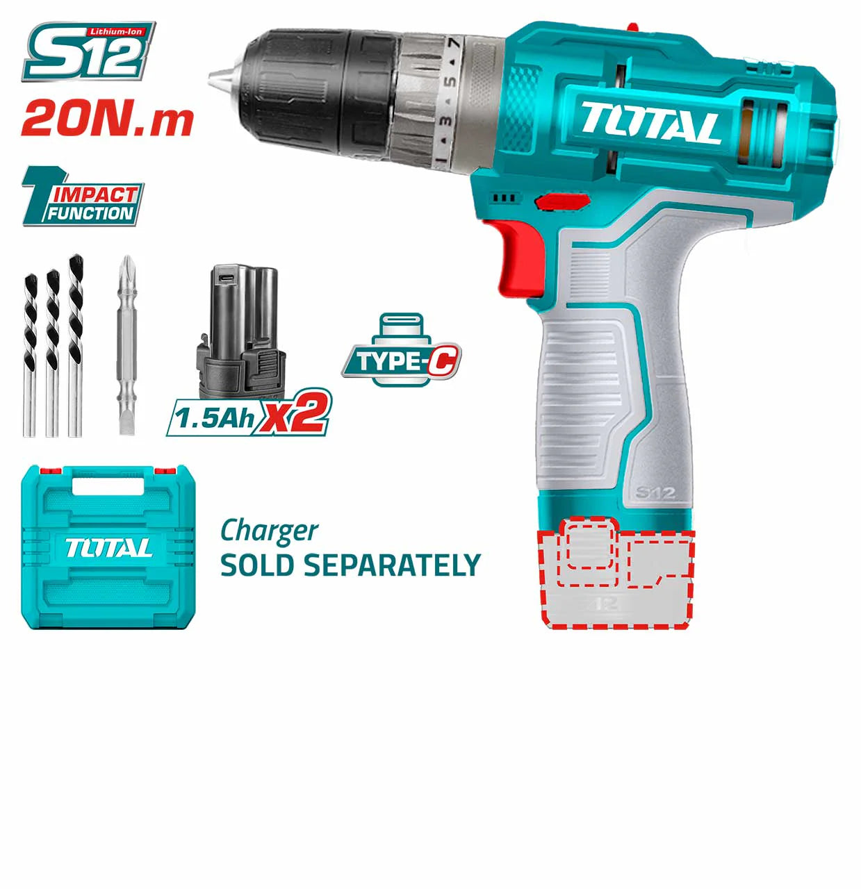Total Cordless impact drill 12V
TIDLI12202