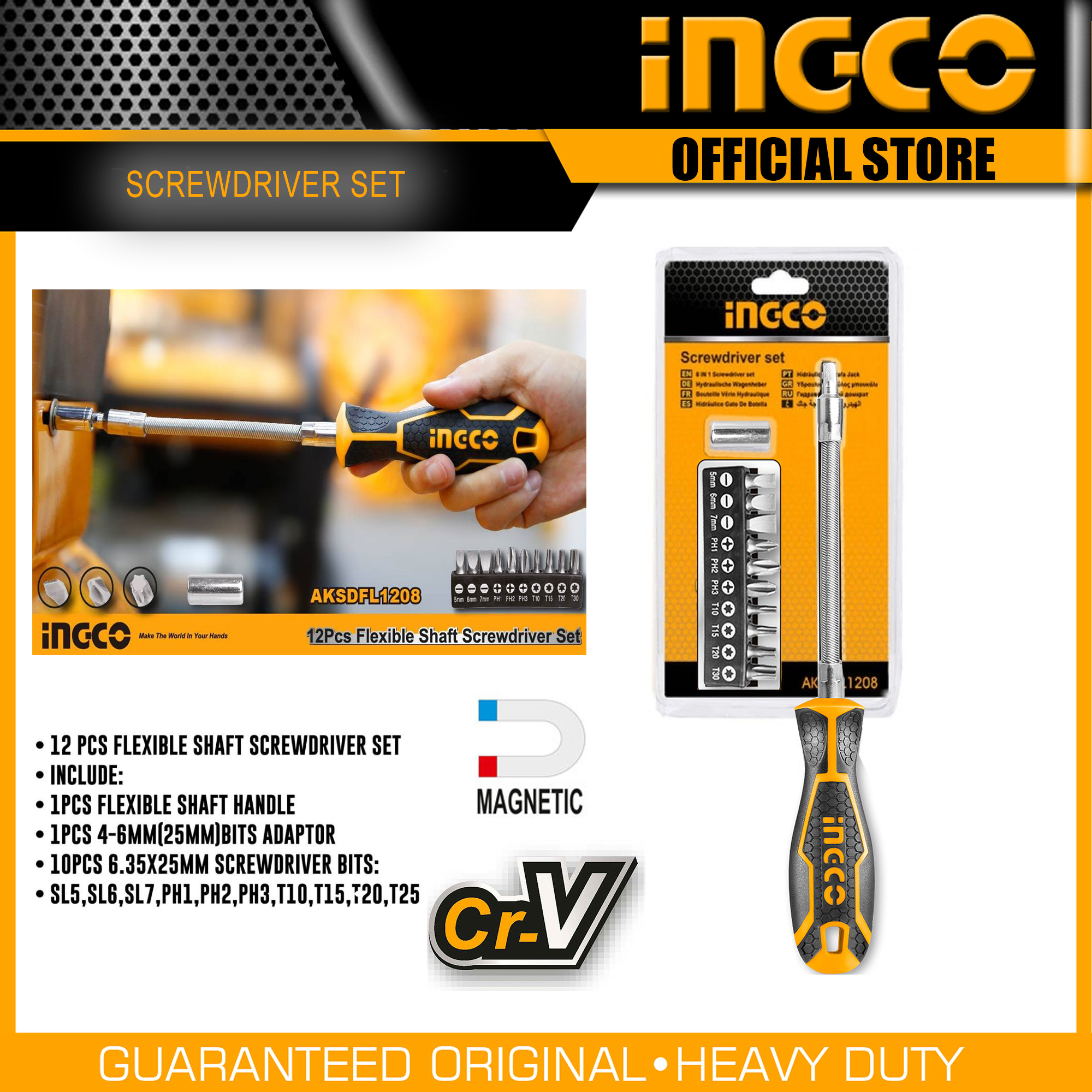 Ingco 12 Pcs flexible shaft screwdriver set AKSDFL1208