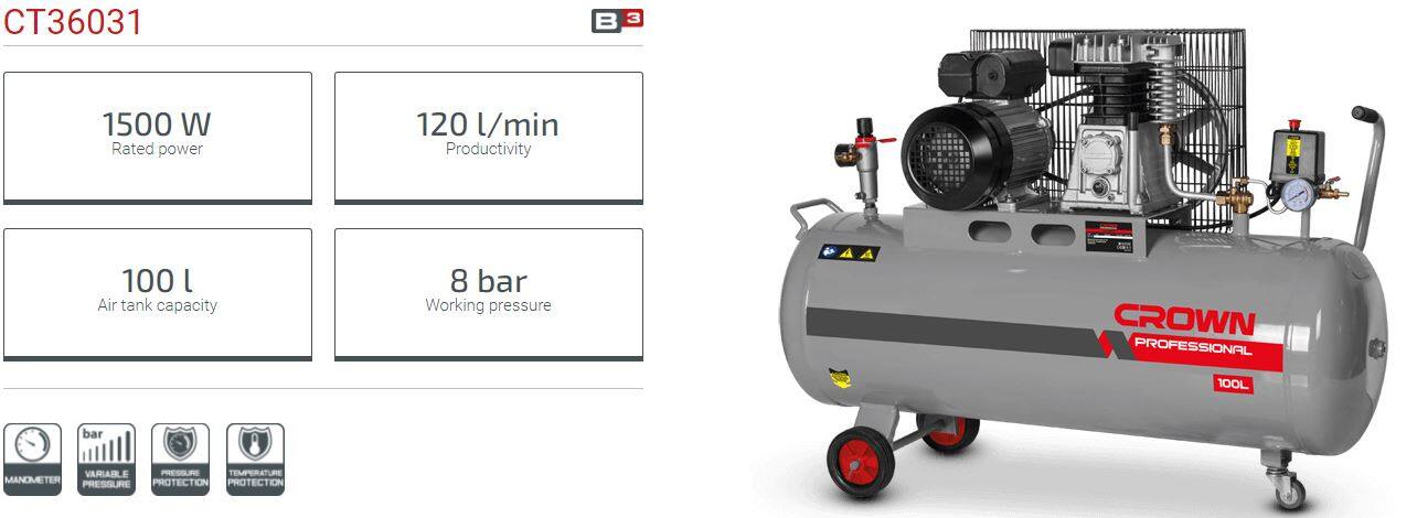 Crown Compressor Belt Driven 1500w 100L 8bar