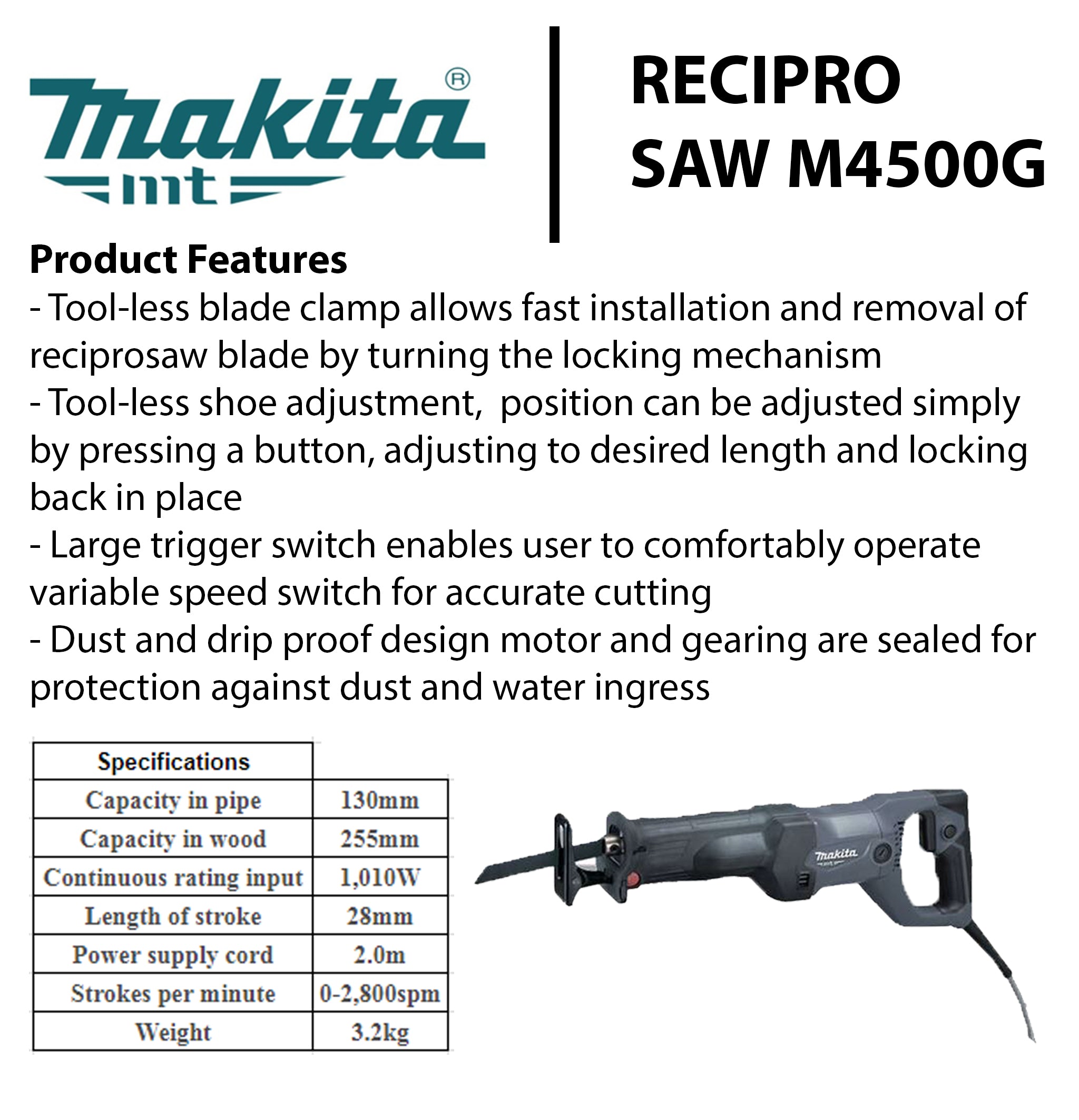 Makita 1010W 255mm Max / 130mm Pipe