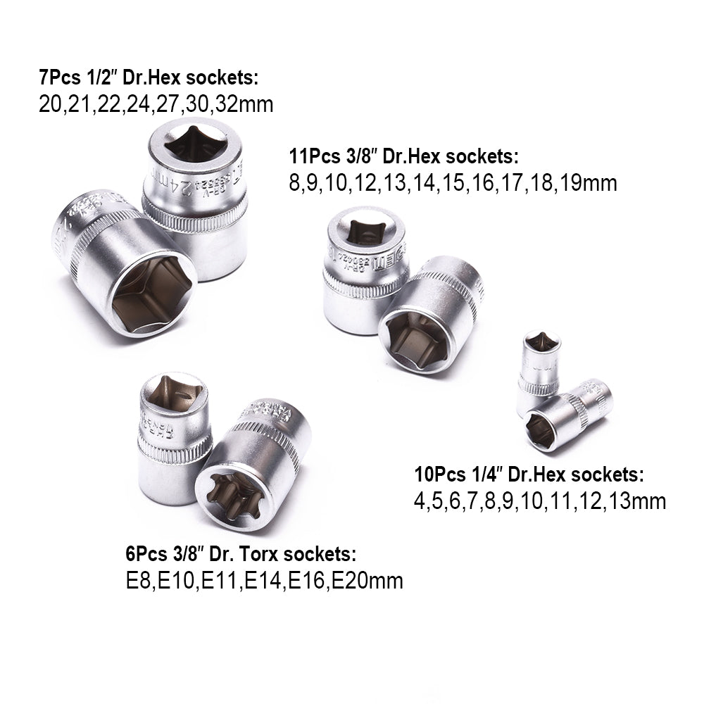 Harden 120+2Pcs 1/2 " &3/8" &1/4 " Dr. Socket set