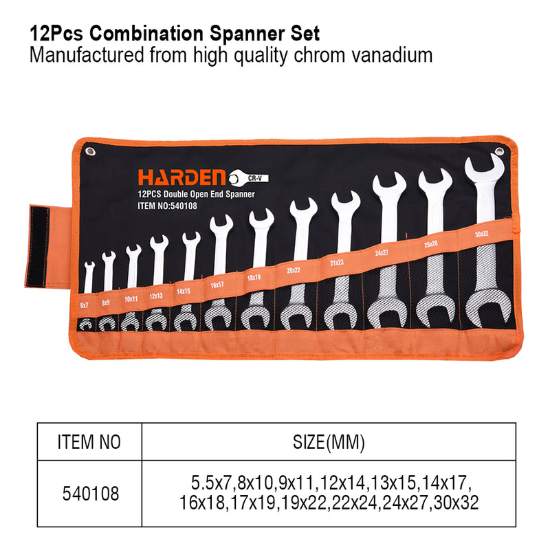 Harden Double Open-end SpannerSize6-32mm (12Pc)
