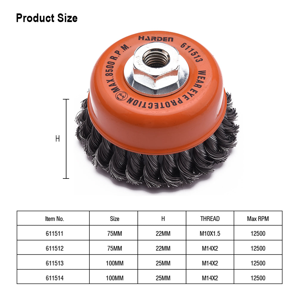 Harden Cup Twist Wire Brush With Nut 75mm x M10 x 1.5
