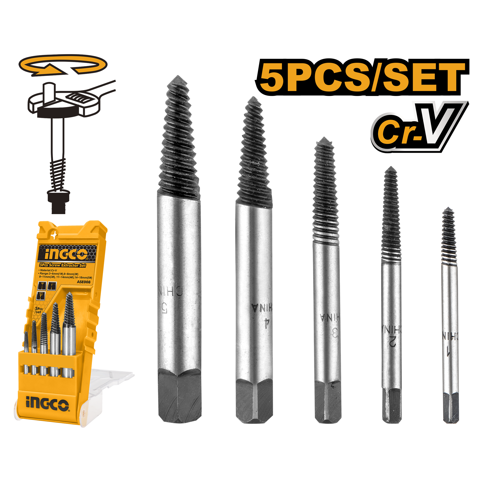 Ingco 5 Pcs screw extractor set  ASE008