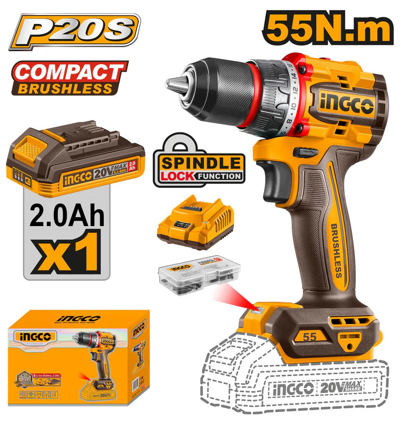 Ingco Compact Brushless Cordless Drill  20v CDLI205582