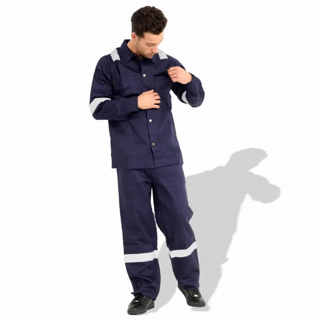 Flame Retardant Cotton 300GSM Safety Coverall With Grey Reflective Strips - Dark Blue