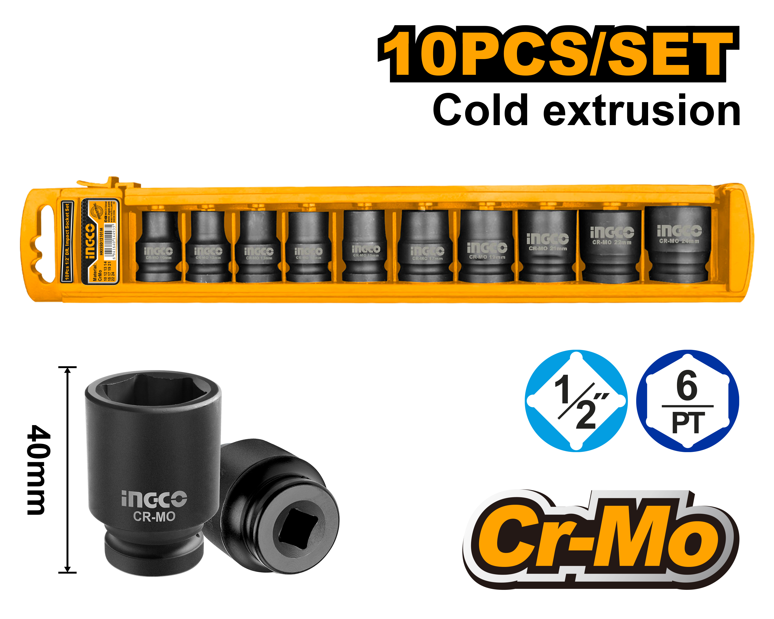 Ingco 10 Pcs 1/2"DR. impact socket set  HKISSD12101