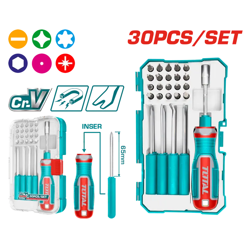 Total 30 Pcs Interchangeable screwdriver and bits set TACSD30306