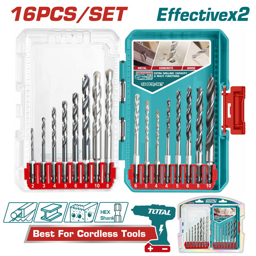 Total 16 Pcs metal, masonry and wood drill bits set TACSDL11608