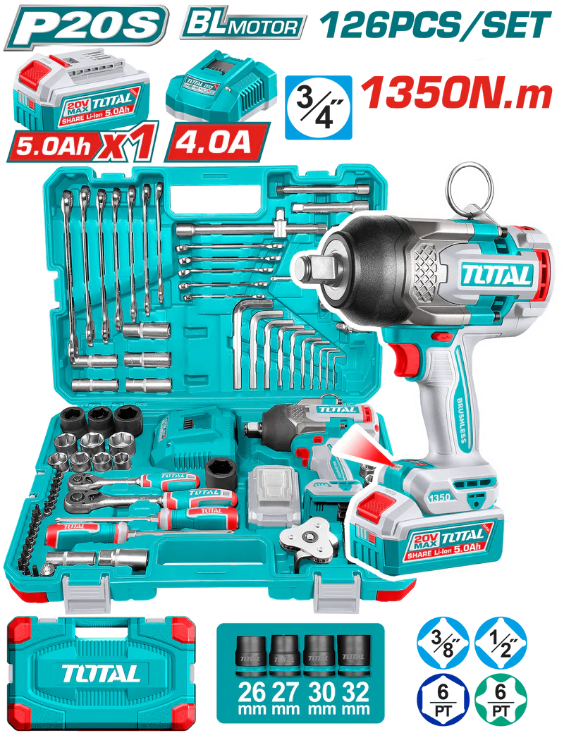 Total 126 Pcs Cordless impact wrench tools set THKTHP31262