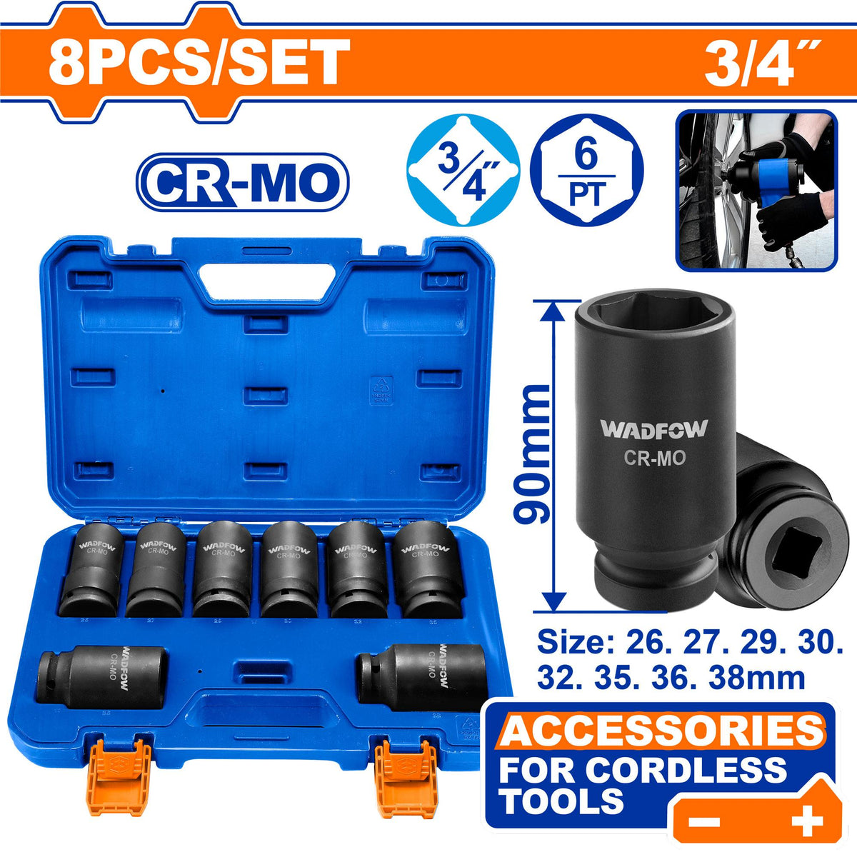 Wadfow 8 Pcs 3/4" Deep Impact Socket Set 26-38mm WMS4D09