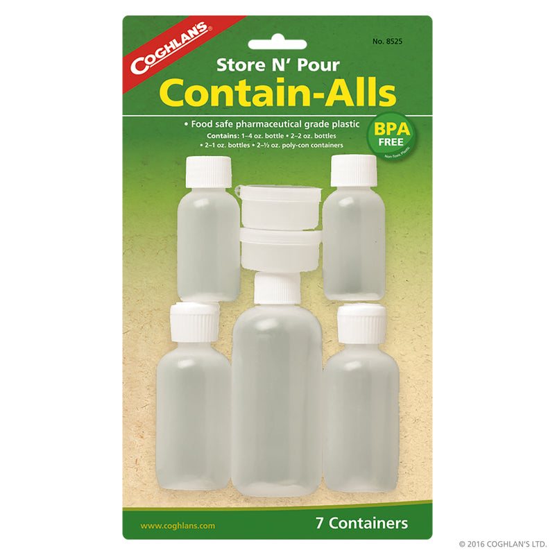 Contain-Alls                                                                                              1) 4 oz. (120 mL) bottle, 2)2 oz. (60 mL) bottles,   2) 1 oz. (30 mL)  bottles, 2) 1/2 oz. (15 mL) polycon containers