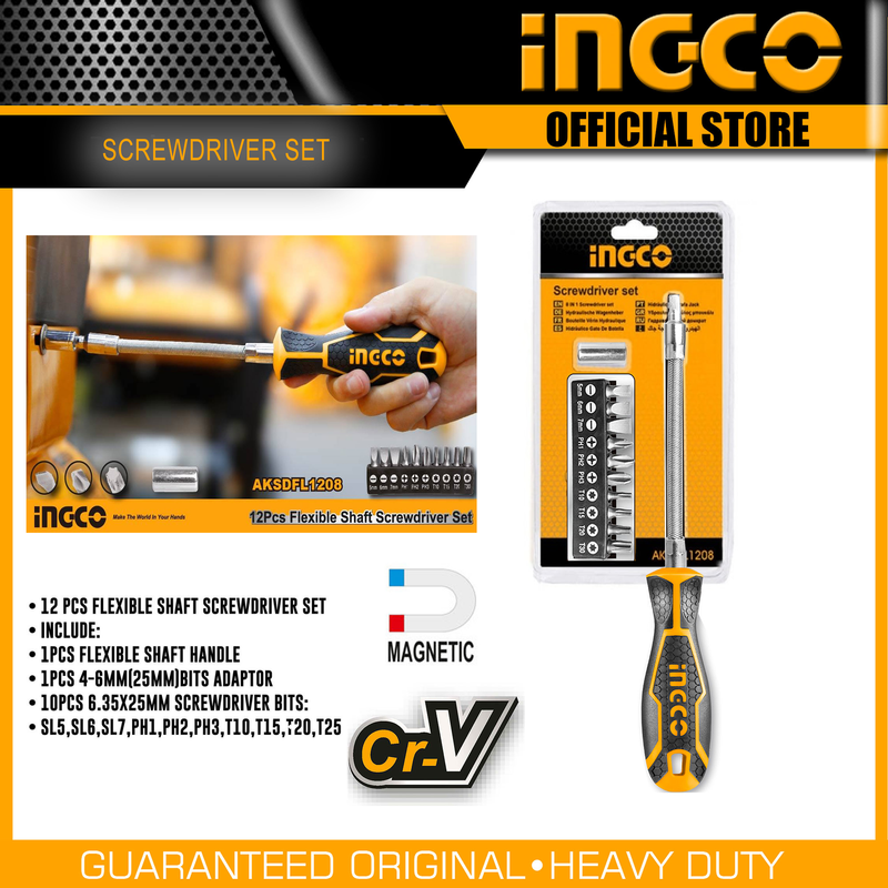Ingco 12 Pcs Flexible shaft screwdriver set AKSDFL1208