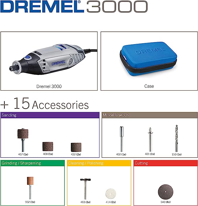 Dremel 3000 Rotary Tool 130 W, Multi Tool Kit with 15 Acessories, Variable Speed 10.000-33.000 RPM