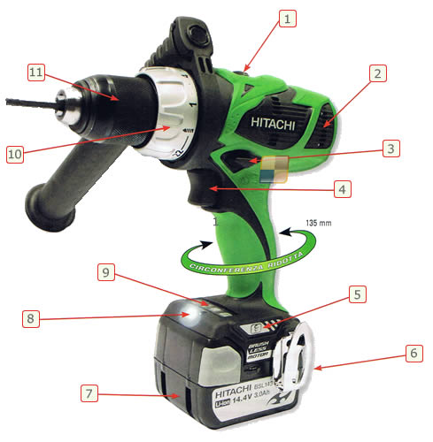 HITACHI Cordless Impact Driver Drill 1.5 - 13mm (1/16 -
1/2") Keyless