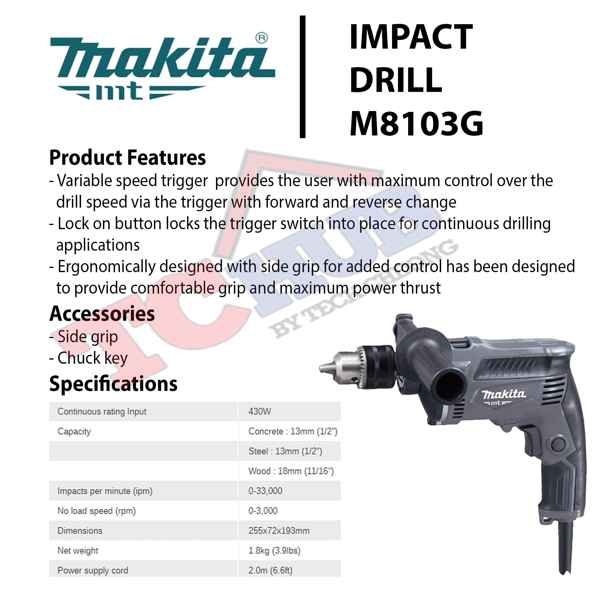 Makita 1/2" Hammer Drill 43oW Metal Head